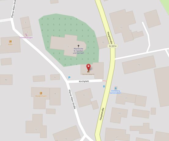 Lageplan mit Markierung auf der Gemeindeamt-Adresse